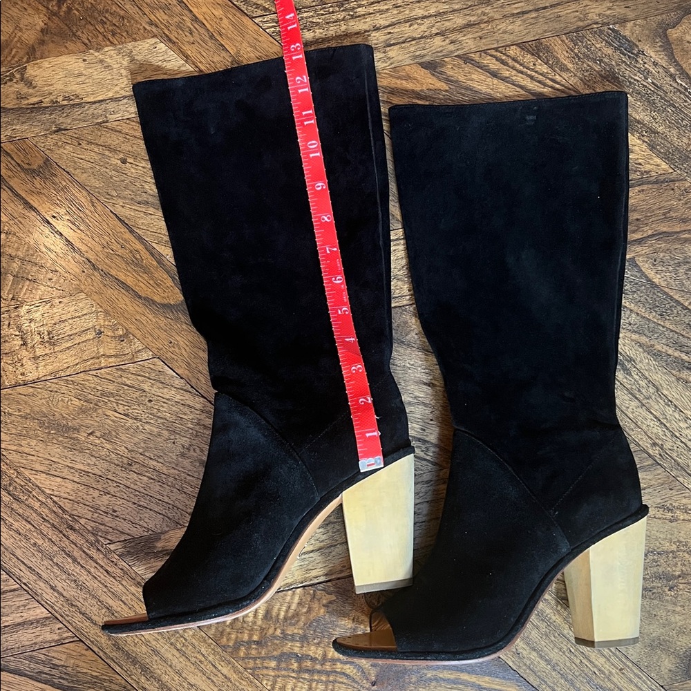 Vero Cuoio Black 3” Wooden Heel Boots, Open Toe, Italian Suede, Chunky, Sz 7 1/2 - Picture 5 of 8